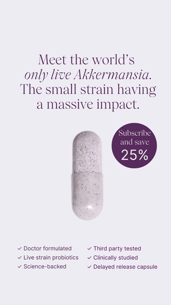 This 9:16 ad features a single product shot of a probiotic capsule against a soft-toned background, highlighting core scientific benefits and a subscription incentive.